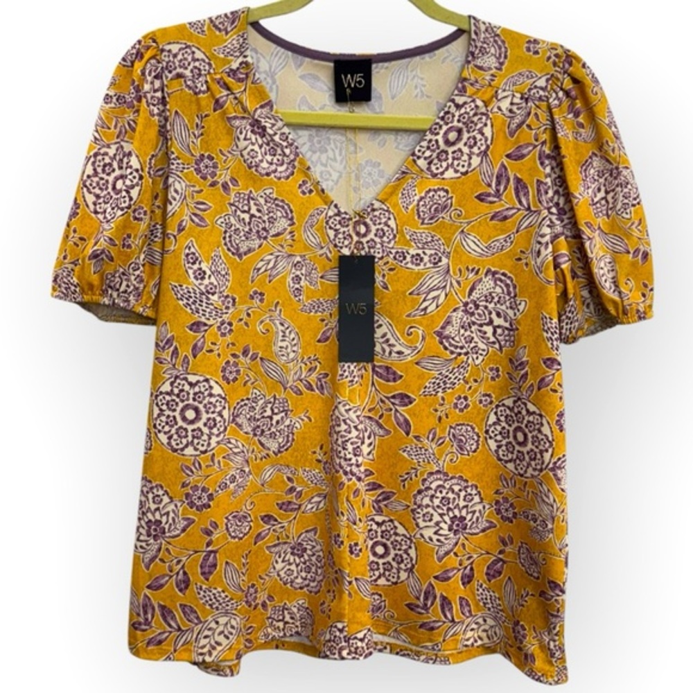 Anthropologie W5 Women’s Mustard and Purple Floral Blouse Size M *2123
